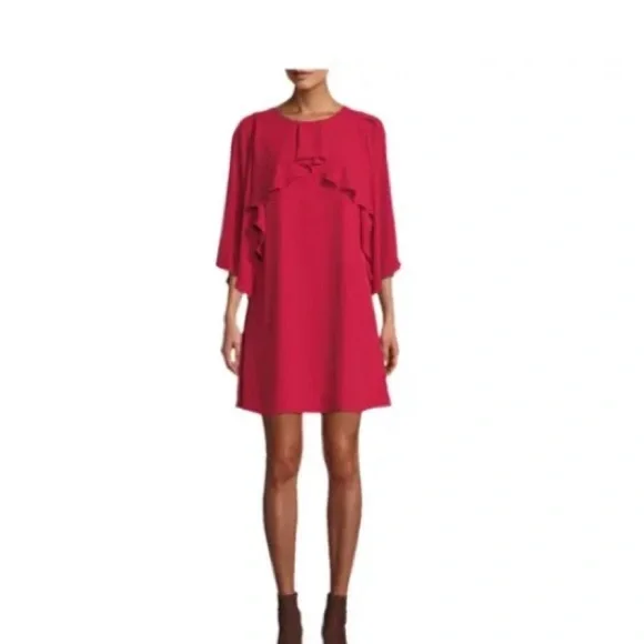 Halston Heritage Flowy-Sleeve High-Neck Drape Dress, Red, Women's, M